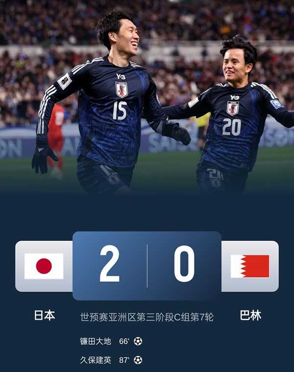 日本2-0巴林提前晋级世界杯：久保建英闪耀，亚洲足坛再创新纪录