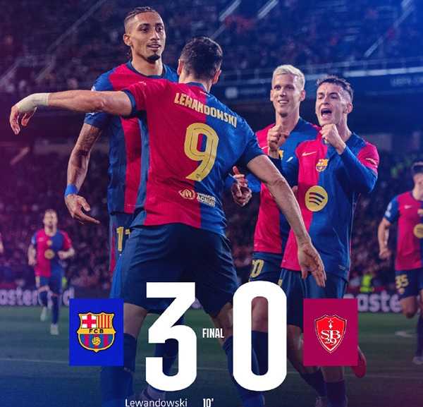 欧冠：巴萨3-0零封布雷斯特 莱万梅开二度+欧冠百球 奥尔默建功