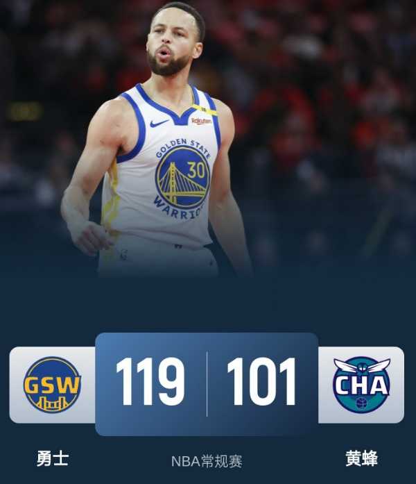 NBA今日战报：勇士119-101轻取黄蜂升至西部第6 库里21分10助 布里奇斯空砍35分